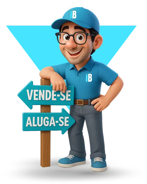 Ilustração do mascote com uma placa de vende ou aluga